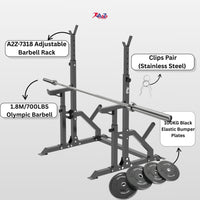 Adjustable Barbell Rack A2Z-7318 - 100kg Black High Elastic Bumper Plates 700LB Barbell & Stainless steel clips