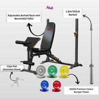 Adjustable Barbell Rack Packs – 100kg Premium Colour Bumper Plates 750LB 20kg Barbell & stainless steel clips