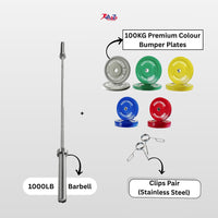 100KG Barbell &  Premium Colour Bumper Plates – Packs 100kg Premium Bumper Plate 1000 Pound Barbell & Stainless steel clips