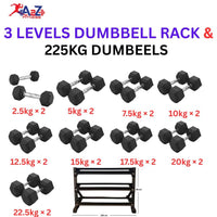 Hex Dumbbells with 3 levels Dumbbell Rack (225KG)
