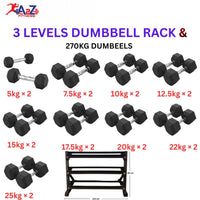 Hex Dumbbells with 3 levels Dumbbell Rack (270KG)