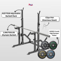 Adjustable Barbell Rack A2Z-7318 - 100kg Crumb High Bumper Plates 700LB Barbell & Stainless steel clips