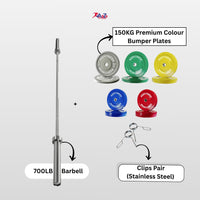 150KG Barbell & Premium Colour Bumper Plates – Packs 150kg Premium Colour Bumper Plate 700LB Barbell & Stainless steel clips