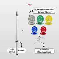 2.2M 700LB Barbell & 100kg Premium Coloured Bumper Plates with Stainless steel clips Pack