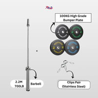 2.2M 700LB Barbell & 100KG Crumbed Bumper Plate with Stainless steel clips Pack