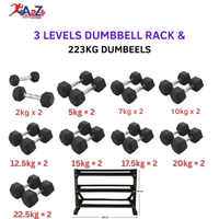 Hex Dumbbells with 3 levels Dumbbell Rack (223KG)