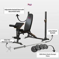 Adjustable Barbell Rack with Bench – Packs 60kg Black High Elastic Bumper Plates 700LB Barbell & Stainless steel clips